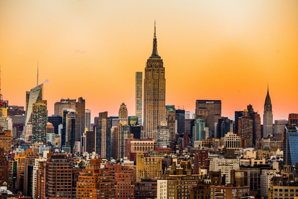 romantic sunset landscape photo of New York Empire State Building 