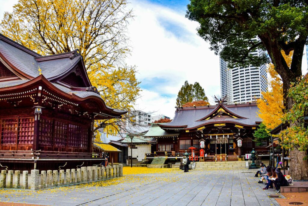 View of the Juniso Kumano Shrine among Autumnal Trees in Tokyo, Japan